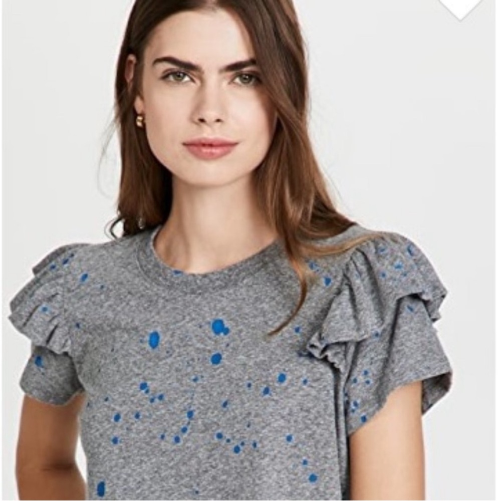 SOLD! Clare V Women’s Heathered Gray Crew Neck Ruffle Paint Splatter Tee Shirt